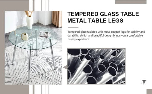 Table and chair set.A 38.6' Diameter Transparent Tempered Glass Round Dining Table-Silver Metal Legs.Paried With 4 Dark Gray High-quality PU Chairs With Silver Arched Metal Legs. Default -DTYStore