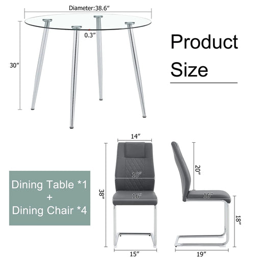 Table and chair set.A 38.6' Diameter Transparent Tempered Glass Round Dining Table-Silver Metal Legs.Paried With 4 Dark Gray High-quality PU Chairs With Silver Arched Metal Legs. Default -DTYStore