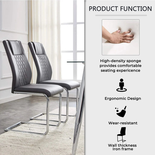 Table and chair set.A 38.6' Diameter Transparent Tempered Glass Round Dining Table-Silver Metal Legs.Paried With 4 Dark Gray High-quality PU Chairs With Silver Arched Metal Legs. Default -DTYStore