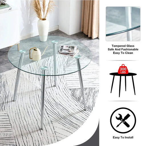 Table and chair set.A 38.6' Diameter Transparent Tempered Glass Round Dining Table-Silver Metal Legs.Paried With 4 Dark Gray High-quality PU Chairs With Silver Arched Metal Legs. Default -DTYStore