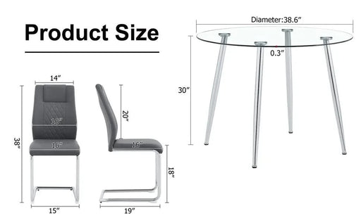 Table and chair set.A 38.6' Diameter Transparent Tempered Glass Round Dining Table-Silver Metal Legs.Paried With 4 Dark Gray High-quality PU Chairs With Silver Arched Metal Legs. Default -DTYStore