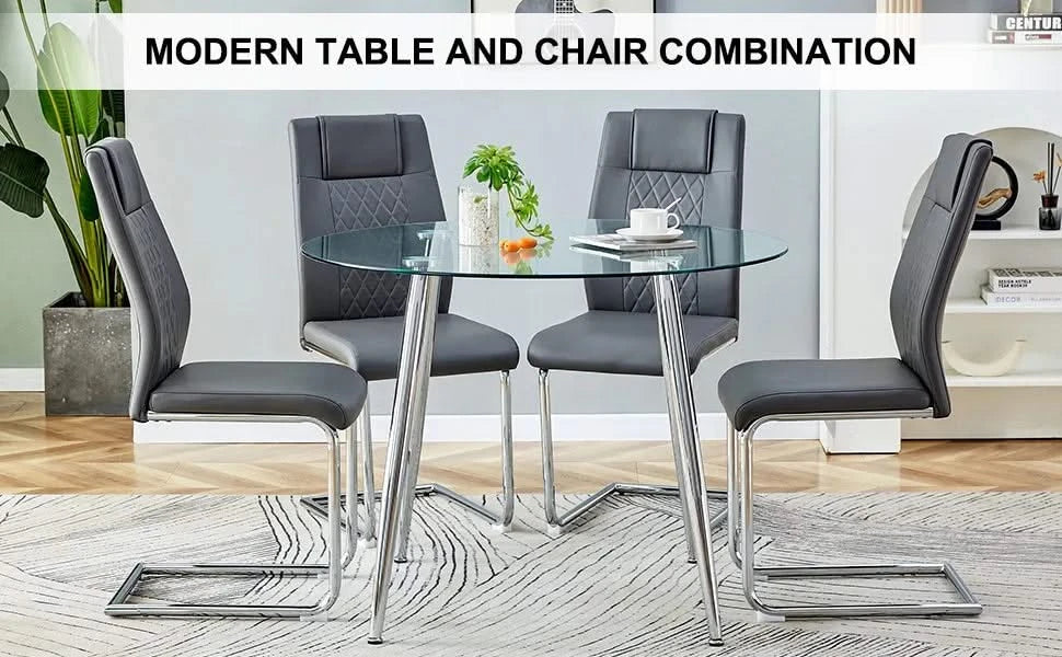Table and chair set.A 38.6' Diameter Transparent Tempered Glass Round Dining Table-Silver Metal Legs.Paried With 4 Dark Gray High-quality PU Chairs With Silver Arched Metal Legs. Default -DTYStore