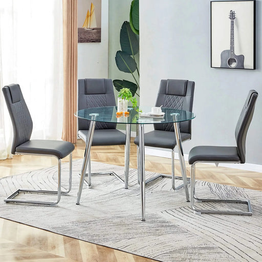 Table and chair set.A 38.6' Diameter Transparent Tempered Glass Round Dining Table-Silver Metal Legs.Paried With 4 Dark Gray High-quality PU Chairs With Silver Arched Metal Legs. Default -DTYStore