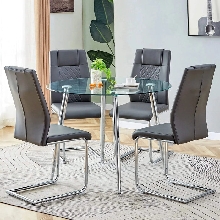 Table and chair set.A 38.6' Diameter Transparent Tempered Glass Round Dining Table-Silver Metal Legs.Paried With 4 Dark Gray High-quality PU Chairs With Silver Arched Metal Legs. Default -DTYStore