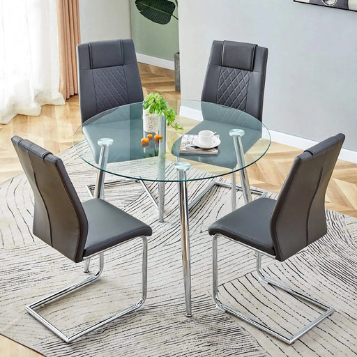 Table and chair set.A 38.6' Diameter Transparent Tempered Glass Round Dining Table-Silver Metal Legs.Paried With 4 Dark Gray High-quality PU Chairs With Silver Arched Metal Legs. Default -DTYStore