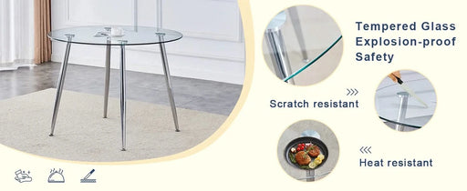 Table and chair set.A 38.6' Transparent Tempered Glass Round Dining Table-Silver Metal Legs.Paired with 6 BLACK PU Material High Resilience Dining Chair with Metal Silver Leg. Default -DTYStore