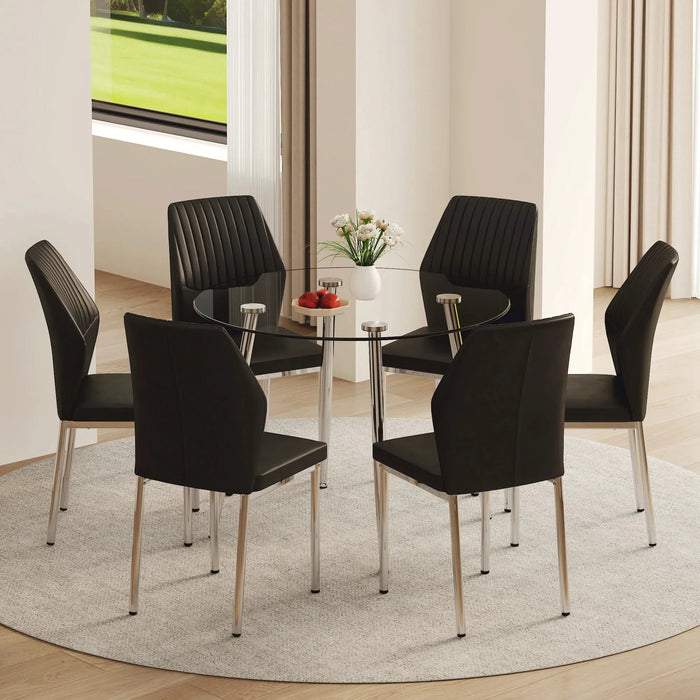 Table and chair set.A 38.6' Transparent Tempered Glass Round Dining Table-Silver Metal Legs.Paired with 6 BLACK PU Material High Resilience Dining Chair with Metal Silver Leg. Default -DTYStore