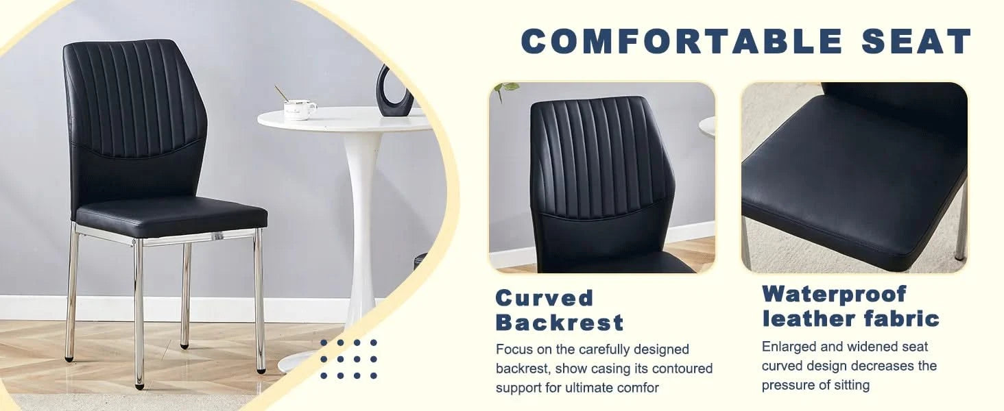 Table and chair set.A 38.6' Transparent Tempered Glass Round Dining Table-Silver Metal Legs.Paired with 6 BLACK PU Material High Resilience Dining Chair with Metal Silver Leg. Default -DTYStore