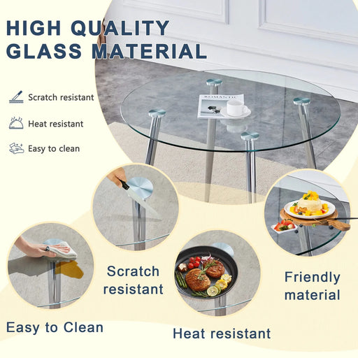 Table and chair set.A 38.6' Transparent Tempered Glass Round Dining Table-Silver Metal Legs.Paired with 6 BLACK PU Material High Resilience Dining Chair with Metal Silver Leg. Default -DTYStore