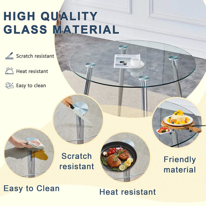 Table and chair set.A 38.6' Transparent Tempered Glass Round Dining Table-Silver Metal Legs.Paired with 6 BLACK PU Material High Resilience Dining Chair with Metal Silver Leg. Default -DTYStore