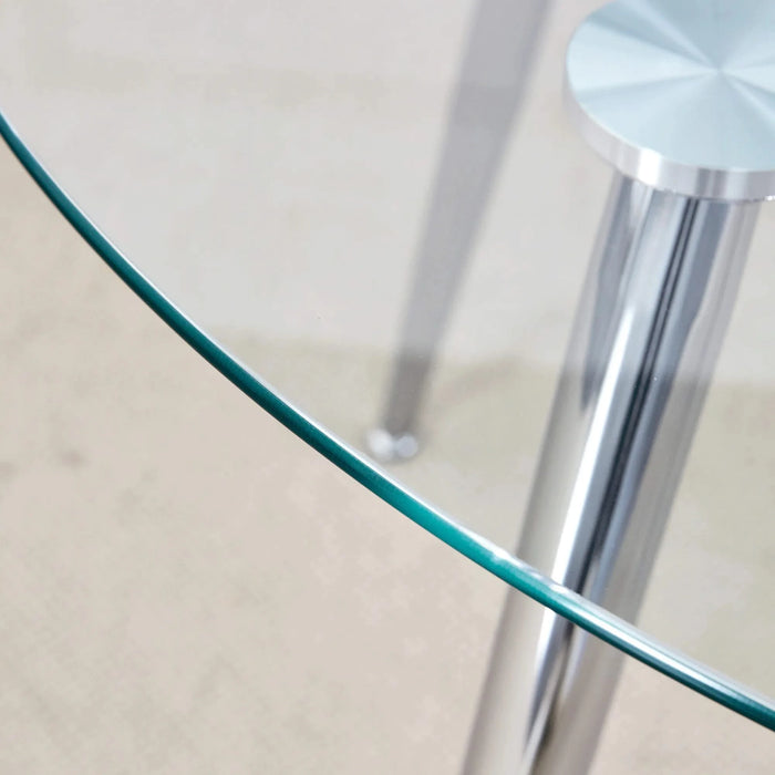 Table and chair set.A 38.6' Transparent Tempered Glass Round Dining Table-Silver Metal Legs.Paired with 6 BLACK PU Material High Resilience Dining Chair with Metal Silver Leg. Default -DTYStore