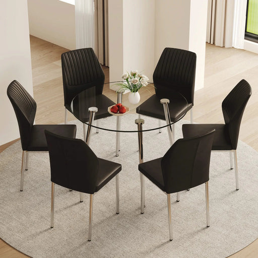 Table and chair set.A 38.6' Transparent Tempered Glass Round Dining Table-Silver Metal Legs.Paired with 6 BLACK PU Material High Resilience Dining Chair with Metal Silver Leg. Default -DTYStore