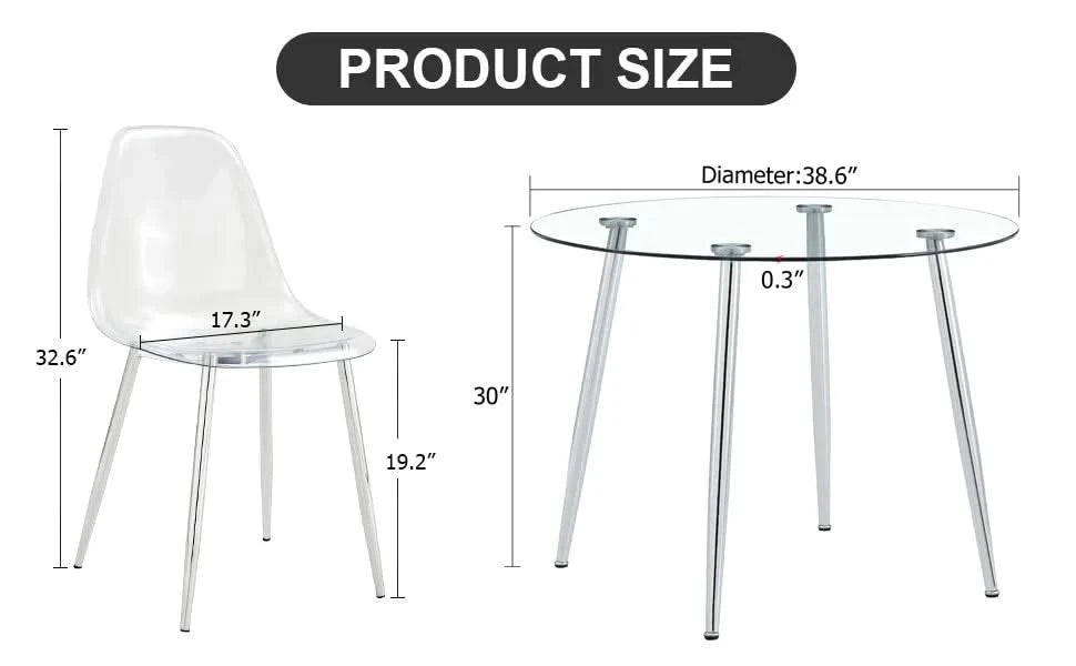Table and chair set.A 38.6' Transparent Tempered Glass Round Dining Table-Silver Metal Legs.Paired with 6 Transparent Plastic Dining Chair with Silver Metal Legs. Default -DTYStore