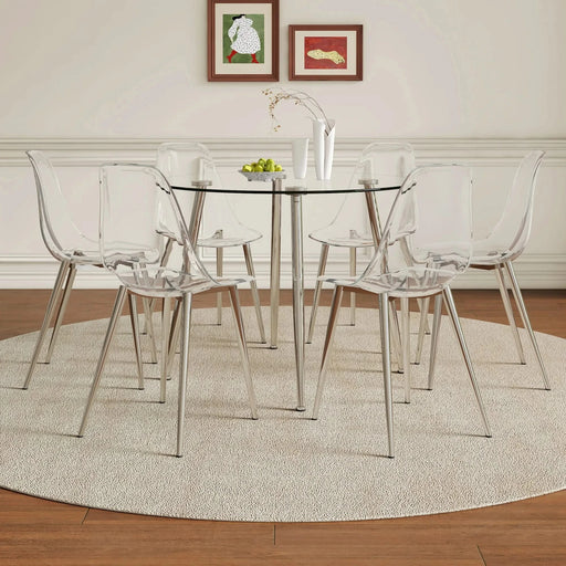Table and chair set.A 38.6' Transparent Tempered Glass Round Dining Table-Silver Metal Legs.Paired with 6 Transparent Plastic Dining Chair with Silver Metal Legs. Default -DTYStore