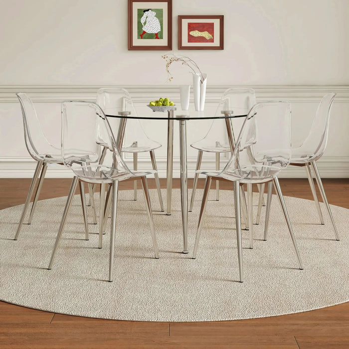 Table and chair set.A 38.6' Transparent Tempered Glass Round Dining Table-Silver Metal Legs.Paired with 6 Transparent Plastic Dining Chair with Silver Metal Legs. Default -DTYStore