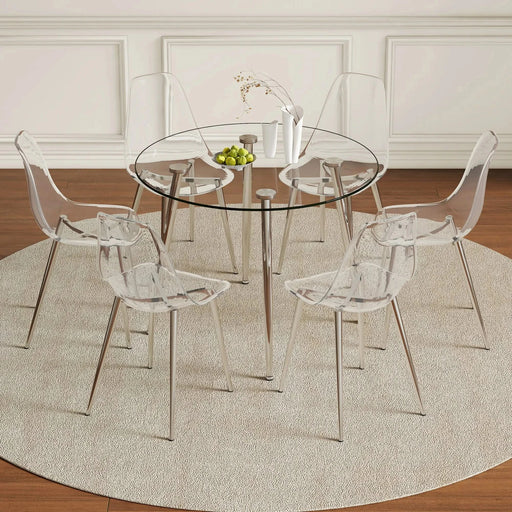 Table and chair set.A 38.6' Transparent Tempered Glass Round Dining Table-Silver Metal Legs.Paired with 6 Transparent Plastic Dining Chair with Silver Metal Legs. Default -DTYStore