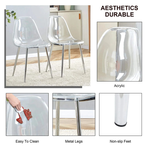 Table and chair set.A 38.6' Transparent Tempered Glass Round Dining Table-Silver Metal Legs.Paired with 6 Transparent Plastic Dining Chair with Silver Metal Legs. Default -DTYStore