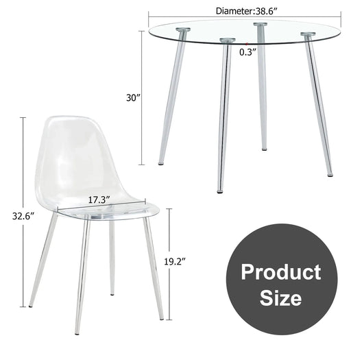 Table and chair set.A 38.6' Transparent Tempered Glass Round Dining Table-Silver Metal Legs.Paired with 6 Transparent Plastic Dining Chair with Silver Metal Legs. Default -DTYStore