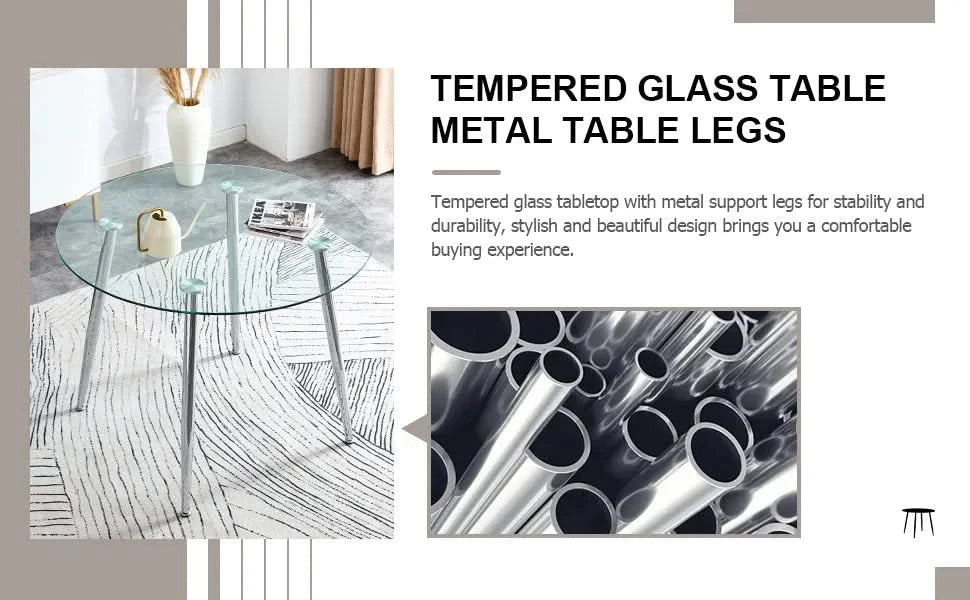 Table and chair set.A 38.6' Transparent Tempered Glass Round Dining Table-Silver Metal Legs.Paired with 6 Transparent Plastic Dining Chair with Silver Metal Legs. Default -DTYStore