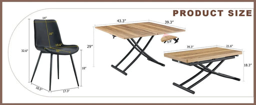 Table and chair set.Modern Multifunctional Lifting Platform,Natural Wood Grain Sticker MDF Desktop, Black Metal Legs.Paired with 4 Black Artificial PU Chairs With Curved Widened Cushion Design. Default -DTYStore