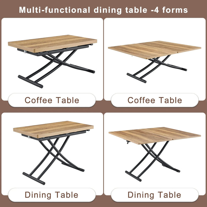 Table and chair set.Modern Multifunctional Lifting Platform,Natural Wood Grain Sticker MDF Desktop, Black Metal Legs.Paired with 4 Black Artificial PU Chairs With Curved Widened Cushion Design. Default -DTYStore