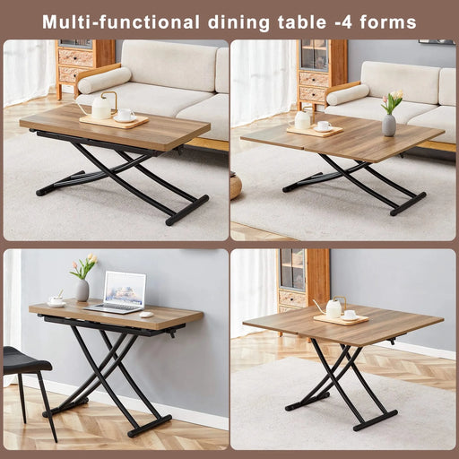 Table and chair set.Modern Multifunctional Lifting Platform,Natural Wood Grain Sticker MDF Desktop, Black Metal Legs.Paired with 4 Black Artificial PU Chairs With Curved Widened Cushion Design. Default -DTYStore