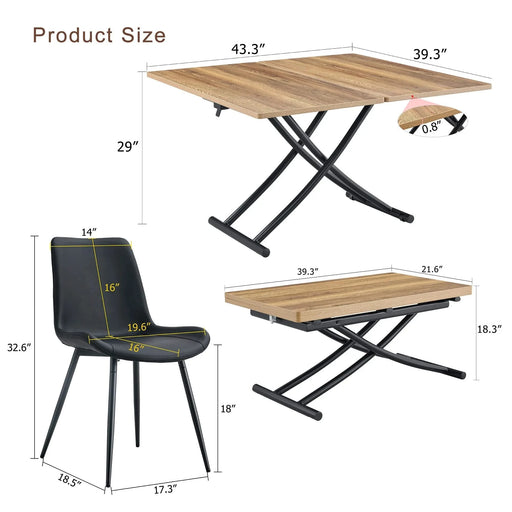 Table and chair set.Modern Multifunctional Lifting Platform,Natural Wood Grain Sticker MDF Desktop, Black Metal Legs.Paired with 4 Black Artificial PU Chairs With Curved Widened Cushion Design. Default -DTYStore