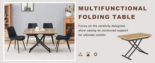 Table and chair set.Modern Multifunctional Lifting Platform,Natural Wood Grain Sticker MDF Desktop, Black Metal Legs.Paired with 4 Black Artificial PU Chairs With Curved Widened Cushion Design. Default -DTYStore