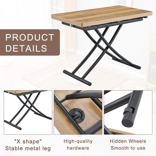 Table and chair set.Modern Multifunctional Lifting Platform,Natural Wood Grain Sticker MDF Desktop, Black Metal Legs.Paired with 4 Black Artificial PU Chairs With Curved Widened Cushion Design. Default -DTYStore