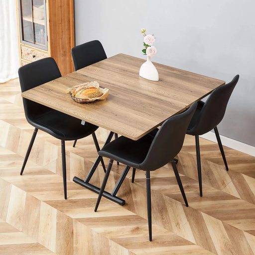 Table and chair set.Modern Multifunctional Lifting Platform,Natural Wood Grain Sticker MDF Desktop, Black Metal Legs.Paired with 4 Black Artificial PU Chairs With Curved Widened Cushion Design. Default -DTYStore