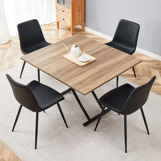 Table and chair set.Modern Multifunctional Lifting Platform,Natural Wood Grain Sticker MDF Desktop, Black Metal Legs.Paired with 4 Black Artificial PU Chairs With Curved Widened Cushion Design. Default -DTYStore