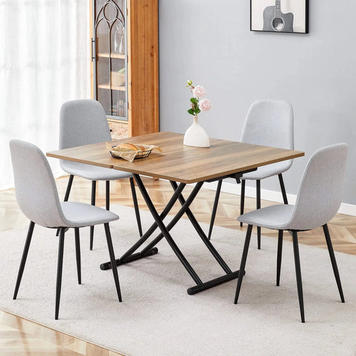 Table and chair set.Modern Multifunctional Lifting Platform,Natural Wood Grain Sticker MDF Desktop, Black Metal Legs.Paired with 4 Light Gray Linen-Cotton Material High Resilience Dining Chairs. Default -DTYStore