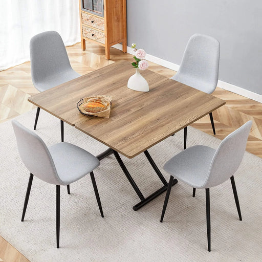 Table and chair set.Modern Multifunctional Lifting Platform,Natural Wood Grain Sticker MDF Desktop, Black Metal Legs.Paired with 4 Light Gray Linen-Cotton Material High Resilience Dining Chairs. Default -DTYStore