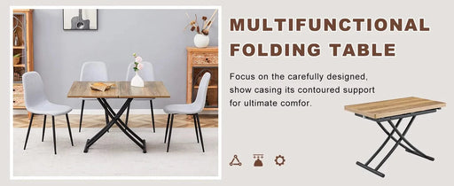 Table and chair set.Modern Multifunctional Lifting Platform,Natural Wood Grain Sticker MDF Desktop, Black Metal Legs.Paired with 4 Light Gray Linen-Cotton Material High Resilience Dining Chairs. Default -DTYStore