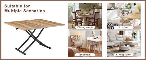 Table and chair set.Modern Multifunctional Lifting Platform,Natural Wood Grain Sticker MDF Desktop, Black Metal Legs.Paired with 4 Light Gray Linen-Cotton Material High Resilience Dining Chairs. Default -DTYStore