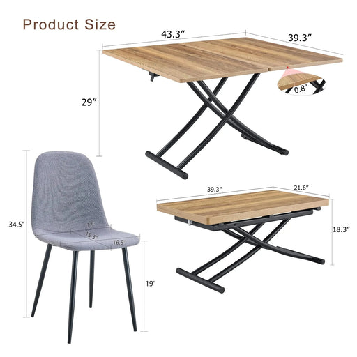 Table and chair set.Modern Multifunctional Lifting Platform,Natural Wood Grain Sticker MDF Desktop, Black Metal Legs.Paired with 4 Light Gray Linen-Cotton Material High Resilience Dining Chairs. Default -DTYStore