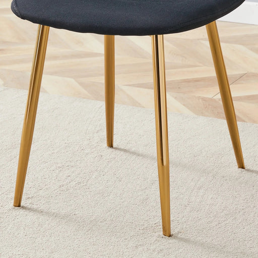 Table and chair set. Modern multifunctional lifting platform, white textured sticker MDF desktop, gold metal legs. Paired with four black dining chairs made of linen fabric. Default -DTYStore