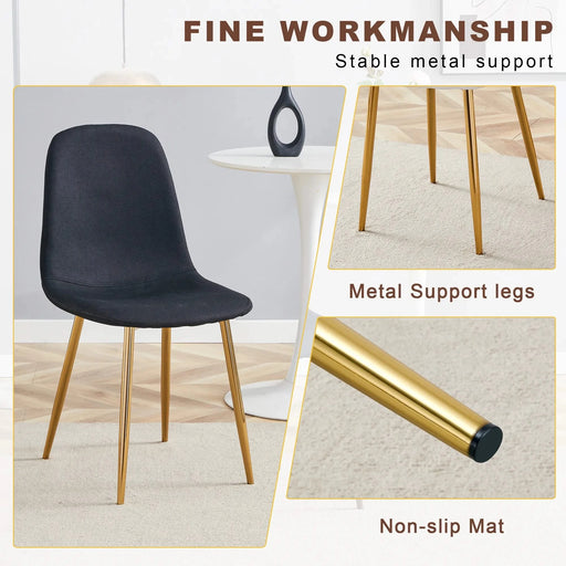 Table and chair set. Modern multifunctional lifting platform, white textured sticker MDF desktop, gold metal legs. Paired with four black dining chairs made of linen fabric. Default -DTYStore