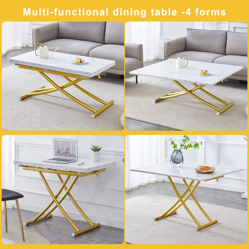 Table and chair set. Modern multifunctional lifting platform, white textured sticker MDF desktop, gold metal legs. Paired with four black dining chairs made of linen fabric. Default -DTYStore