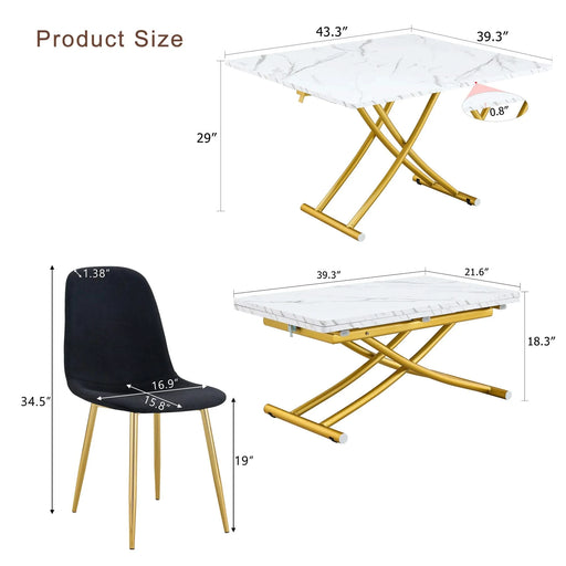 Table and chair set. Modern multifunctional lifting platform, white textured sticker MDF desktop, gold metal legs. Paired with four black dining chairs made of linen fabric. Default -DTYStore