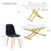 Table and chair set. Modern multifunctional lifting platform, white textured sticker MDF desktop, gold metal legs. Paired with four black dining chairs made of linen fabric. Default -DTYStore