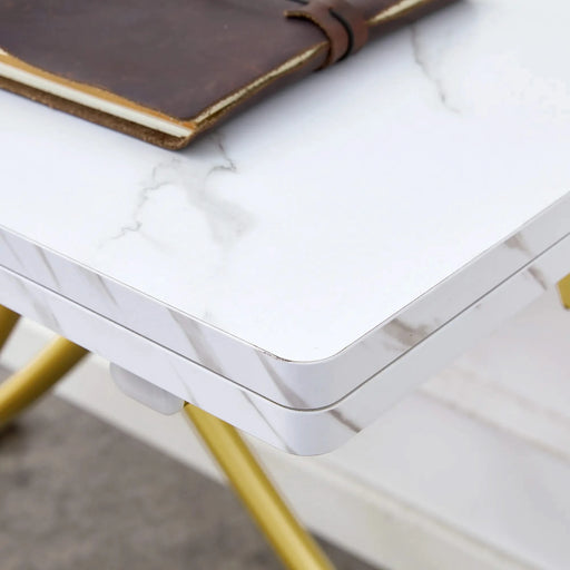 Table and chair set. Modern multifunctional lifting platform, white textured sticker MDF desktop, gold metal legs. Paired with four black dining chairs made of linen fabric. Default -DTYStore