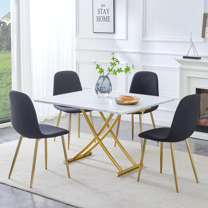 Table and chair set. Modern multifunctional lifting platform, white textured sticker MDF desktop, gold metal legs. Paired with four black dining chairs made of linen fabric. Default -DTYStore