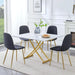Table and chair set. Modern multifunctional lifting platform, white textured sticker MDF desktop, gold metal legs. Paired with four black dining chairs made of linen fabric. Default -DTYStore