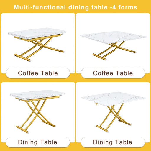 Table and chair set. Modern multifunctional lifting platform, white textured sticker MDF desktop, gold metal legs. Paired with four black dining chairs made of linen fabric. Default -DTYStore