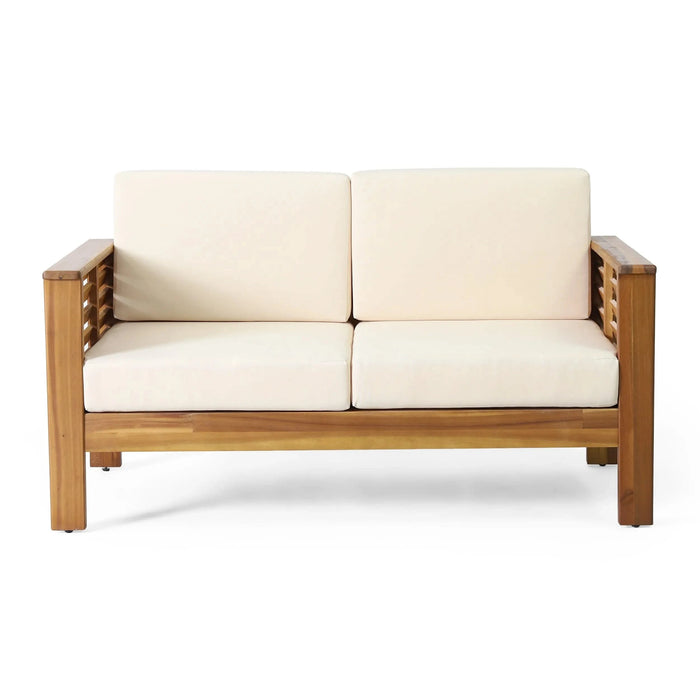 Teak Acacia Wood Loveseat and Coffee Table Set with Cream Cushions Default -DTYStore