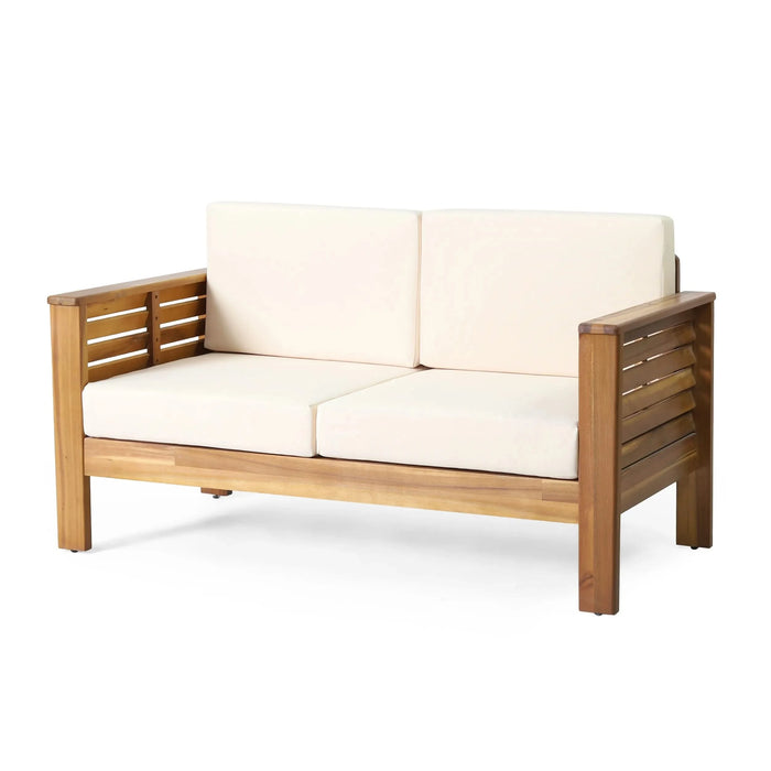 Teak Acacia Wood Loveseat and Coffee Table Set with Cream Cushions Default -DTYStore