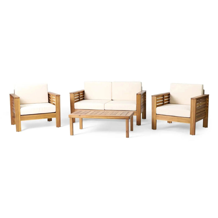 Teak Acacia Wood Loveseat and Coffee Table Set with Cream Cushions Default -DTYStore