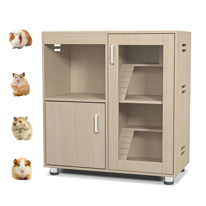 Teak Wood 4-Tier Hamster Cage with Acrylic Windows and Storage Cabinet, 31.50' L x15.75 ' W x 34.65' H- DTY Store
