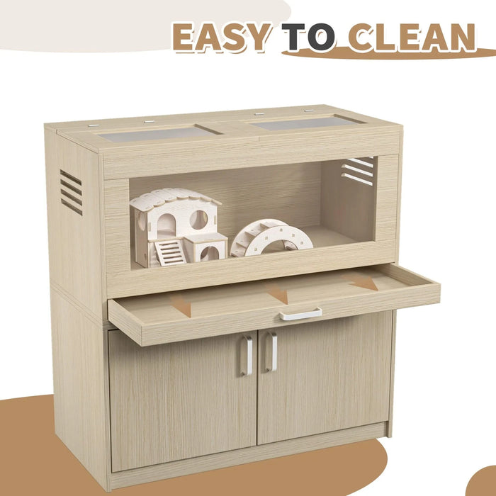 Teak Wooden Hamster Cage with Storage Cabinet, Easy View Acrylic Panels, X-large Size Default -DTYStore